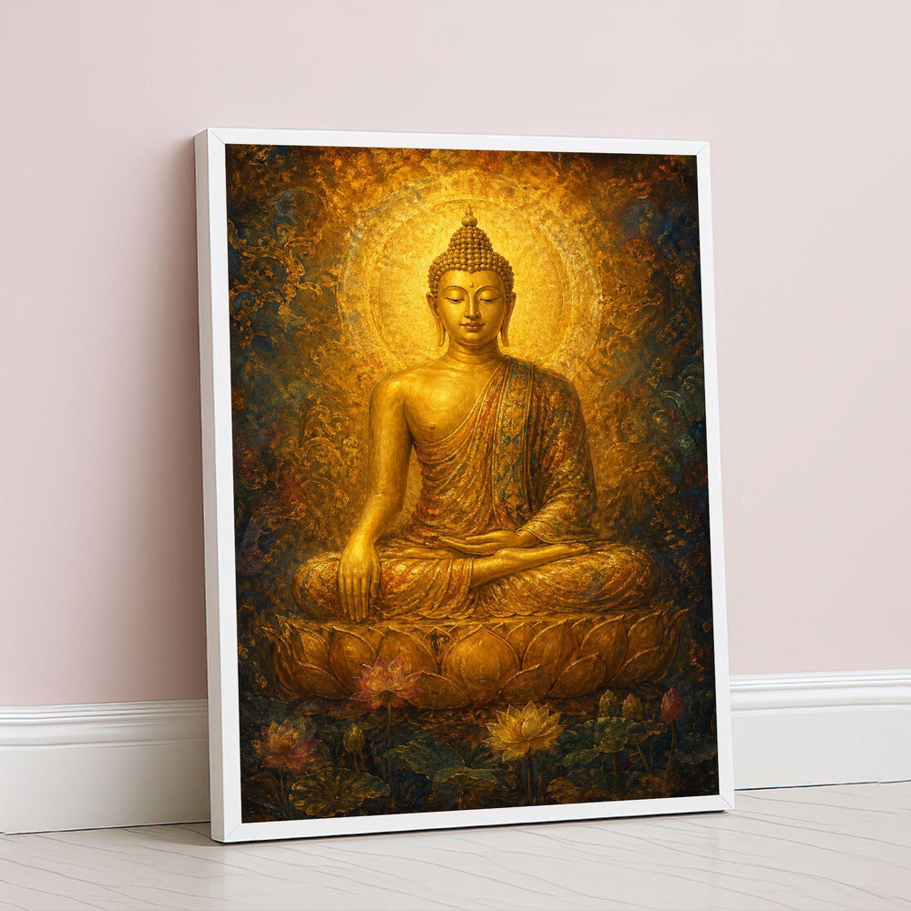 Buddha Meditation Golden Framed Wall Art, Serene Lotus Canvas Print, Spiritual Living Room Decor