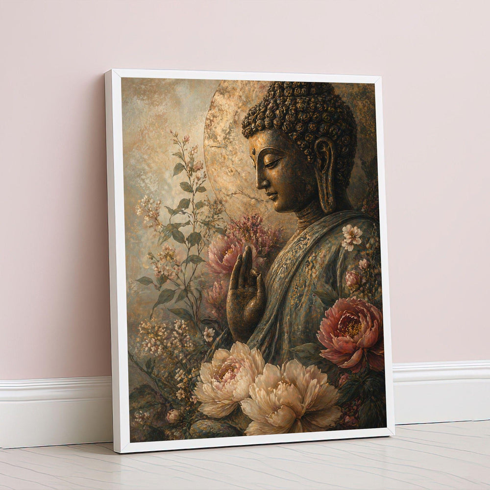Buddha Meditation Golden Framed Wall Art, Floral Serenity Canvas Print, Zen Living Room Decor