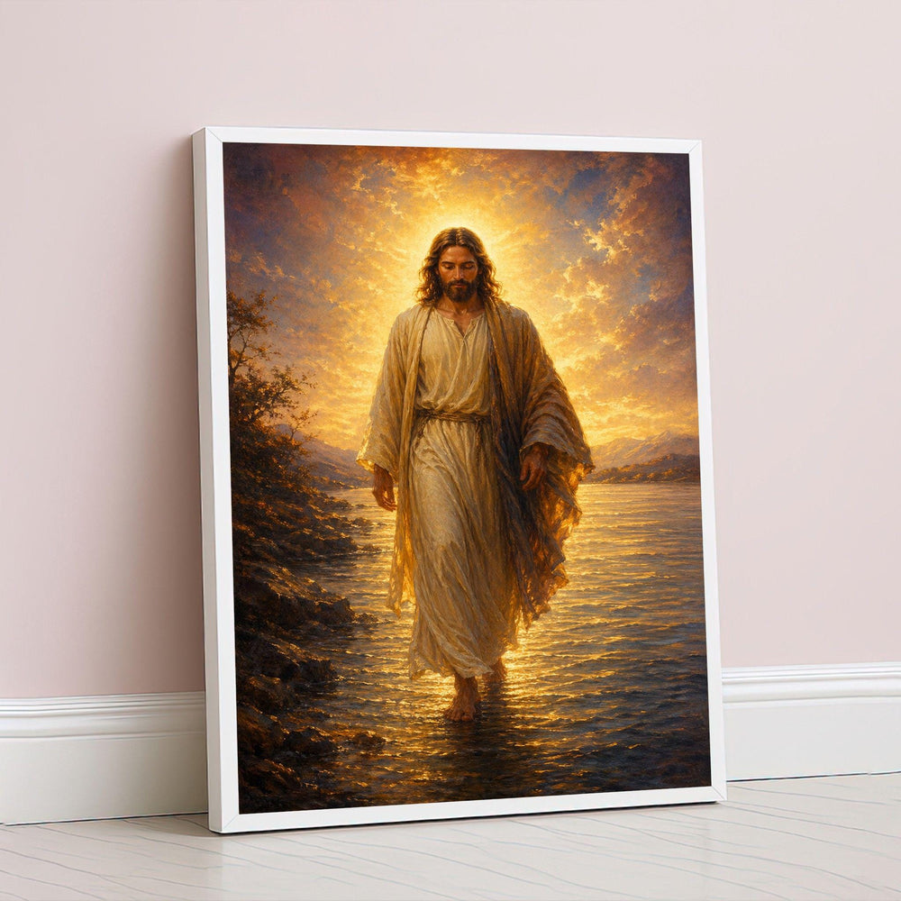 Bible Art Canvas Wall Print, Jesus Walking on Water Sunset Scene, Christian Faith