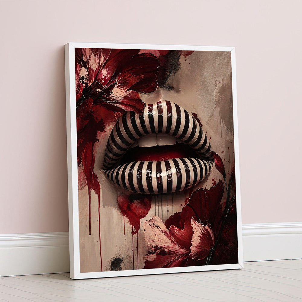 Striped Lips Framed Wall Art, Bold Red Floral Framed Wall Art, Bedroom Decor, Botanical Floral Canvas Print, Modern Living Room Wall Decor