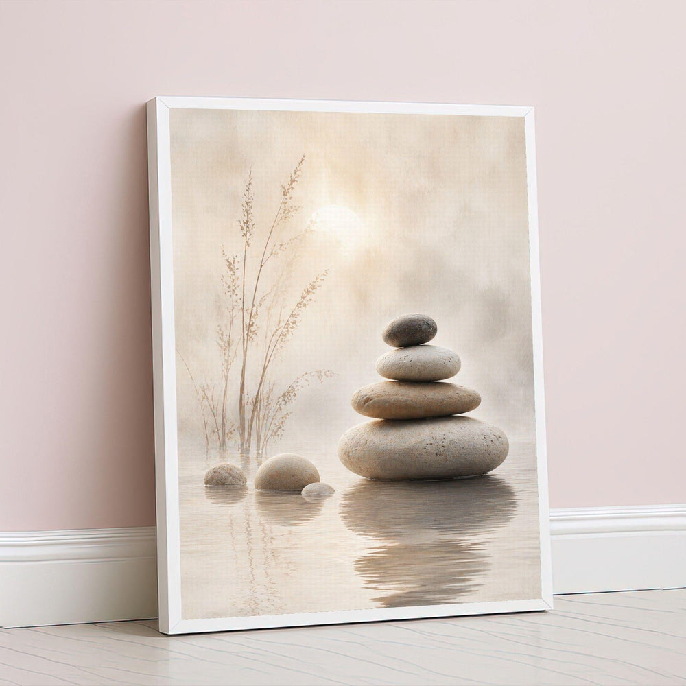 Inspirational Bible Art Canvas Wall Print, Serene Stone Stacked Reflection, Faith
