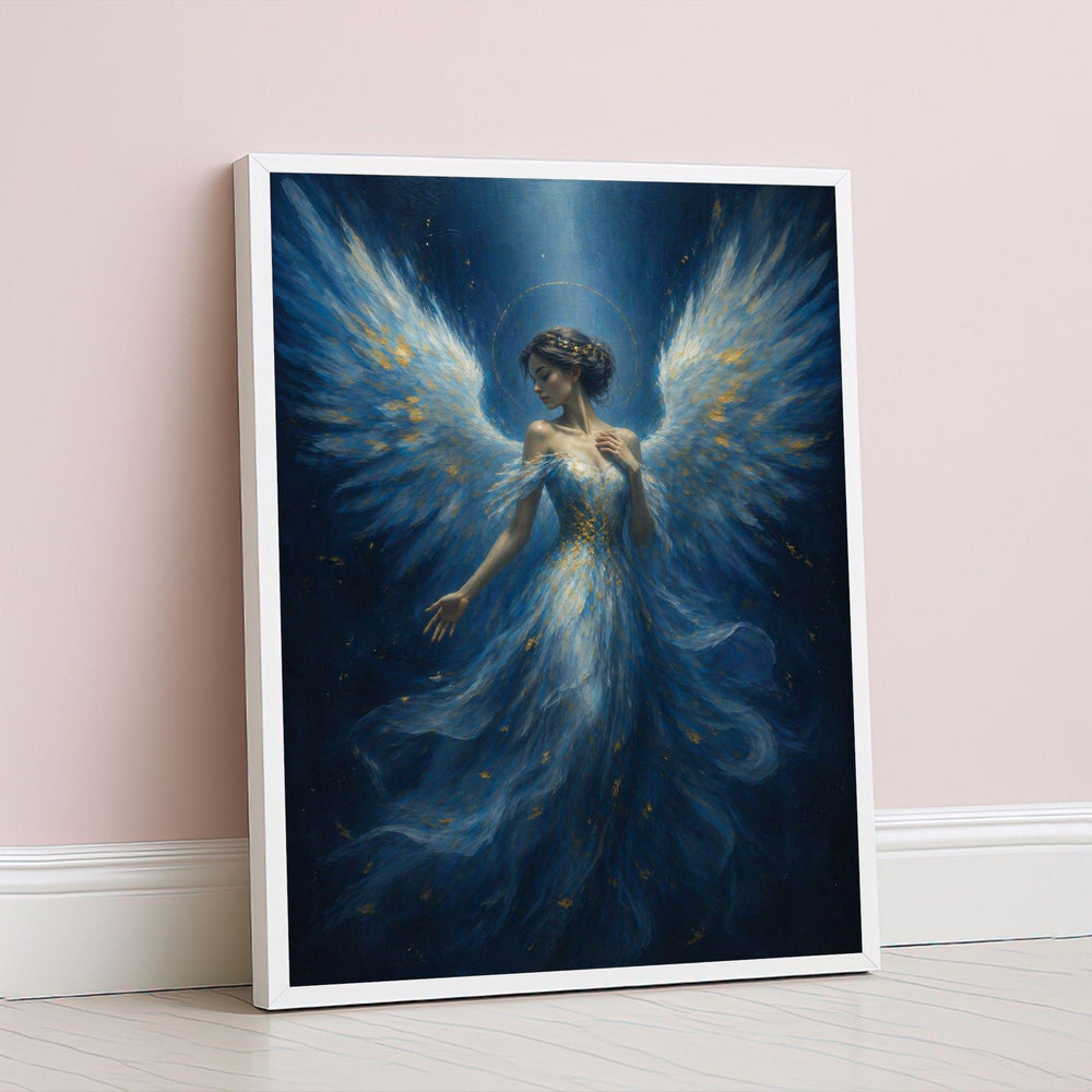Angel Wings Framed Wall Art, Ethereal Blue Gold Canvas Print, Spiritual Living Room Decor