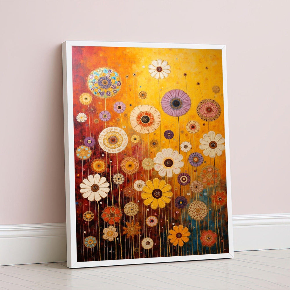 Gustav Klimt Floral Circle Framed Wall Art, Vibrant Flower Canvas Print, Boho Living Room Decor