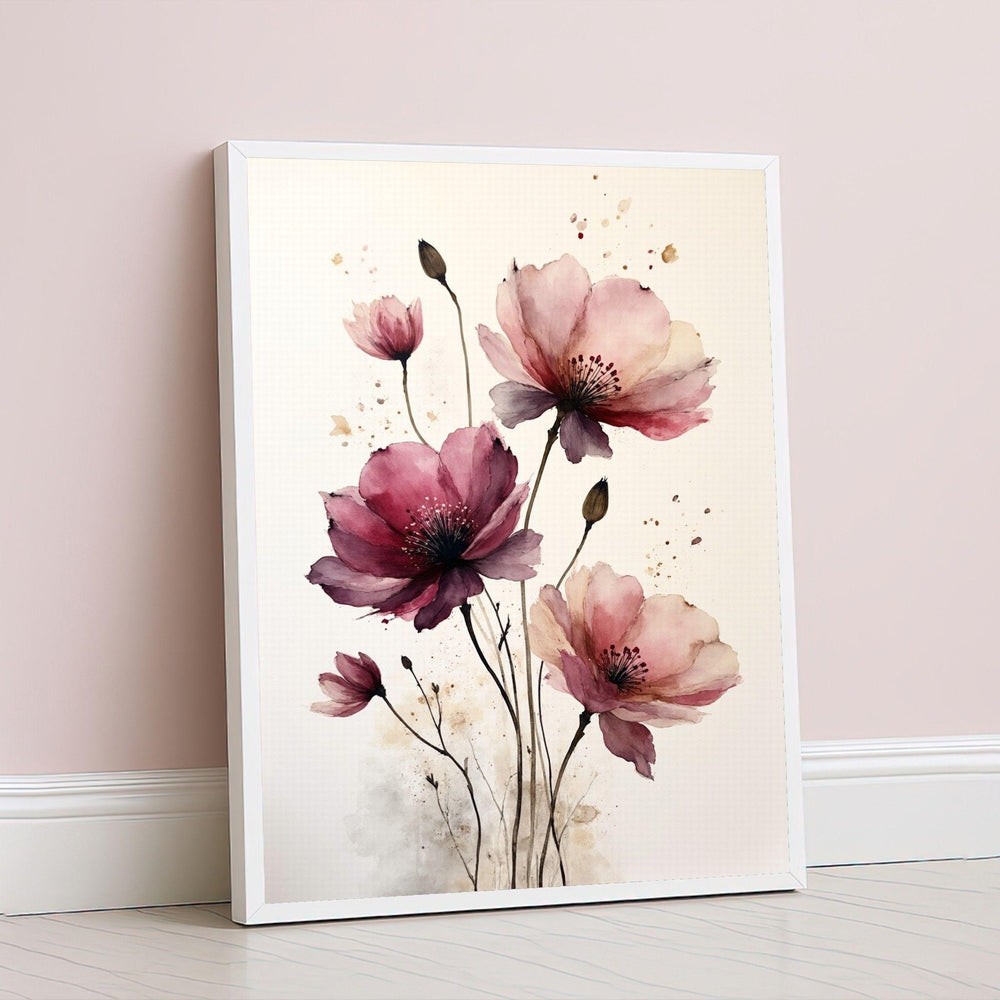 Pink Wildflower Framed Wall Art, Watercolor Floral Canvas Print, Boho Living Room Decor