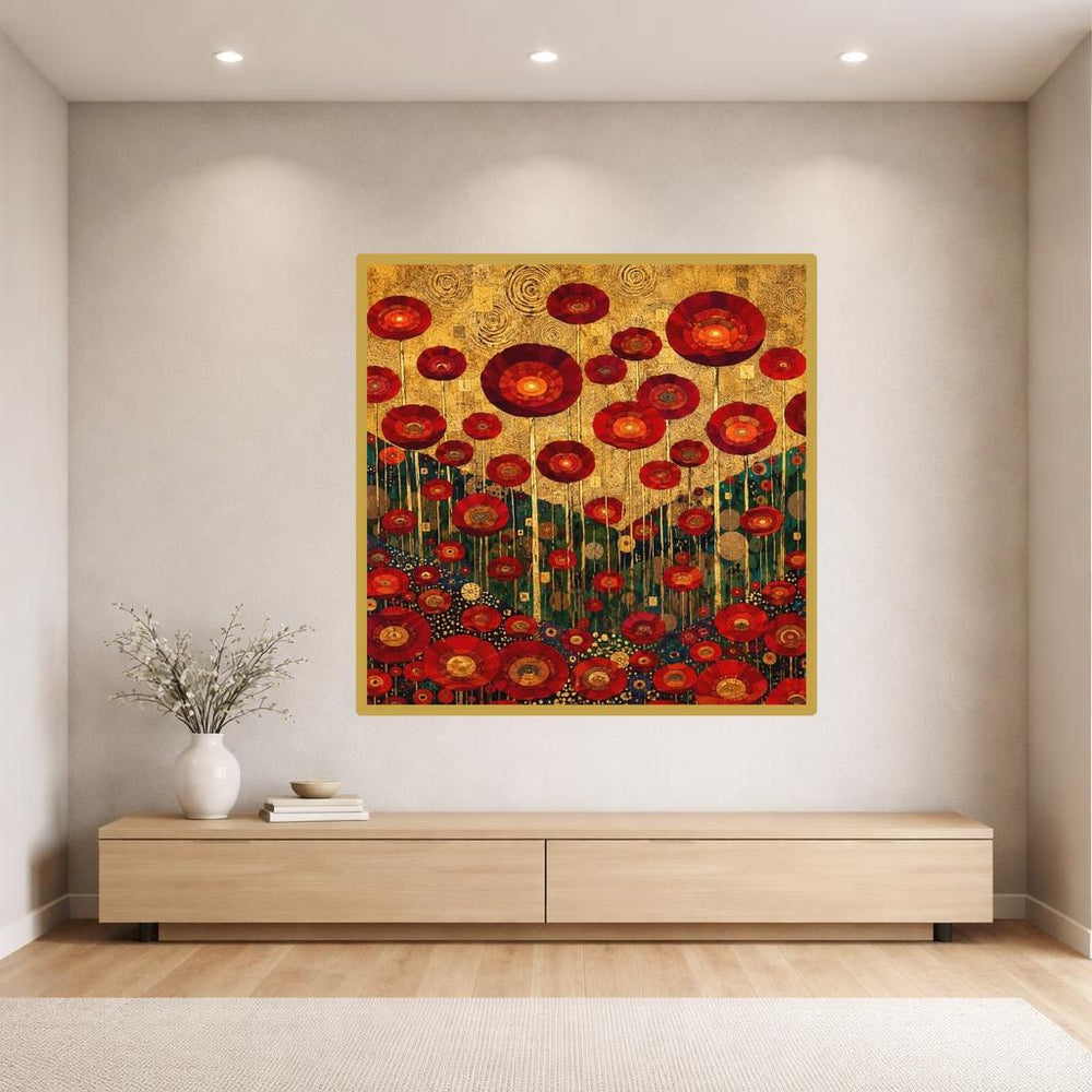 Gustav Klimt Red Floral Canvas Wall Art, Colorful Floral Print, Art Nouveau Living Room Decor, Framed Canvas