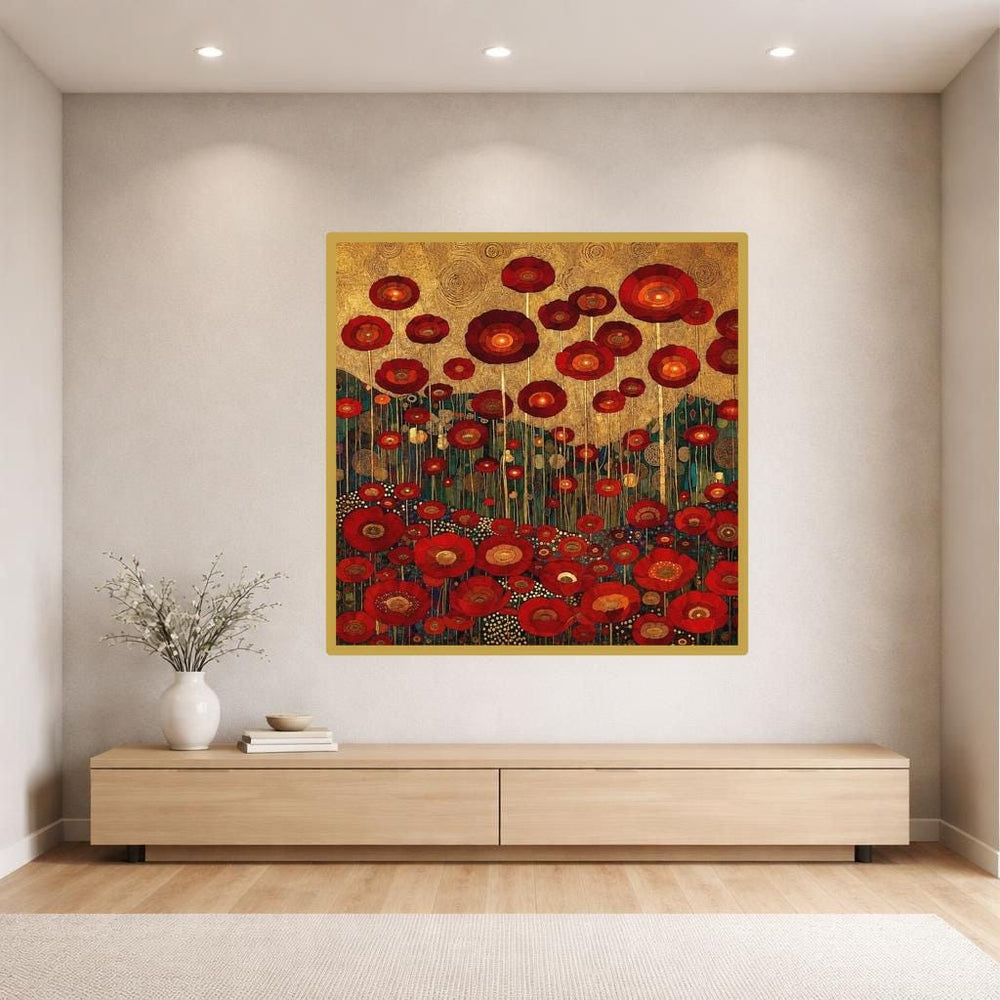Gustav Klimt Klimt Mosaic Red Poppies Art Print, Golden Floral Canvas Art, Art Nouveau Wall Decor