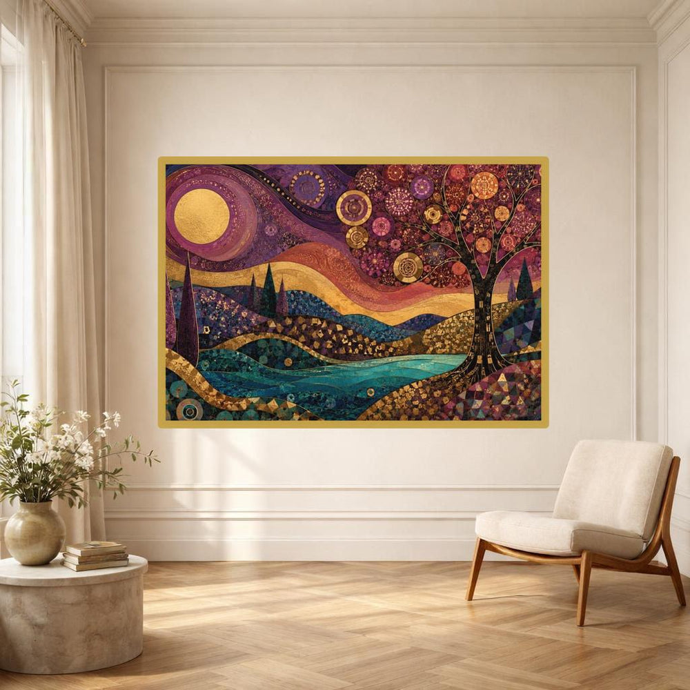 Gustav Klimt Mosaic Tree Canvas Wall Art, Decorative Flower Meadow Print, Elegant Home Decor, Framed Canvas