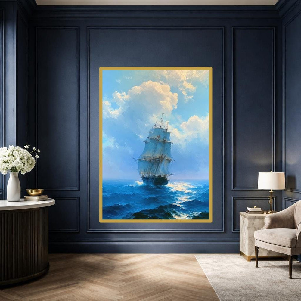 Sailing Ship At Sea Framed Canvas Print, Seascape Painting Wall Art, Living Room Decor