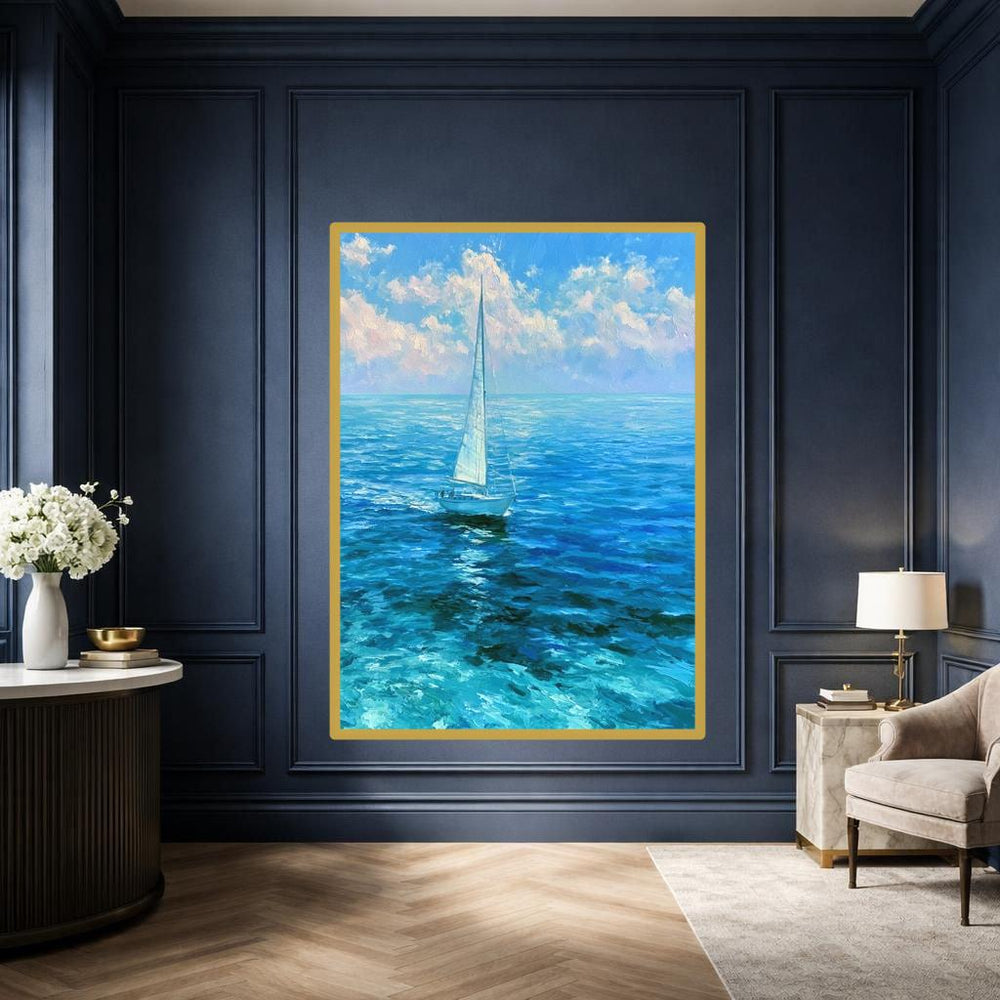 Sailboat on Ocean Wall Art Print, Seascape Impressionism Canvas Art, Living Room Decor, Ready to Hang