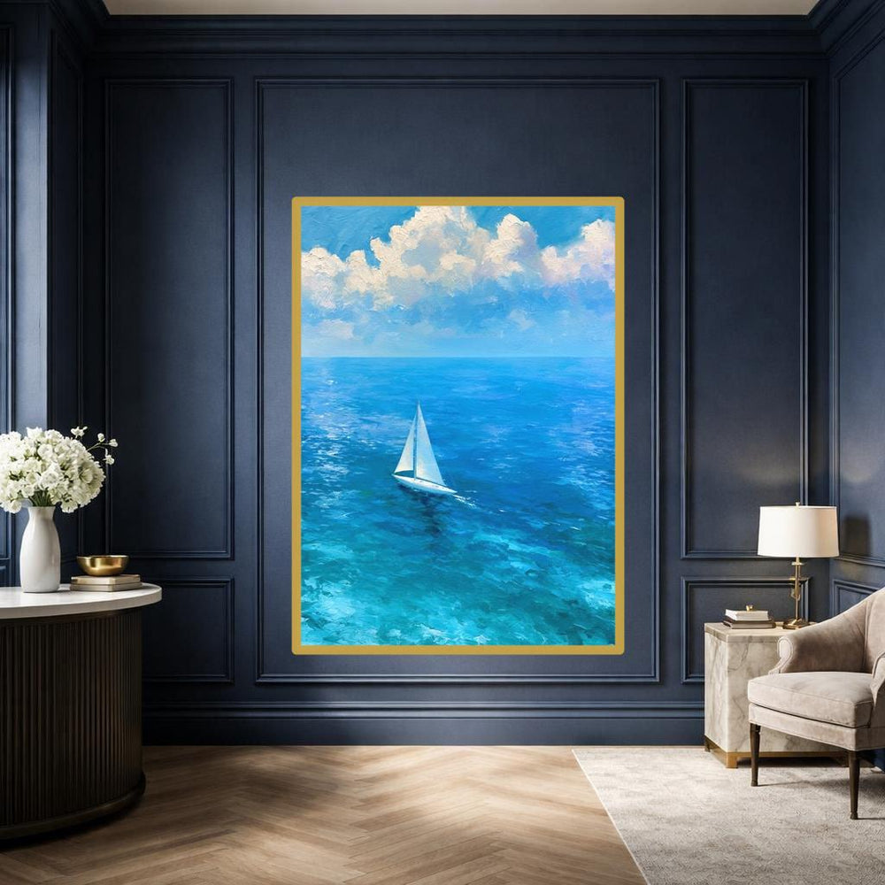 Sailboat on Ocean Canvas Wall Art, Seascape Painting Print, Living Room Decor, Ready to Hang
