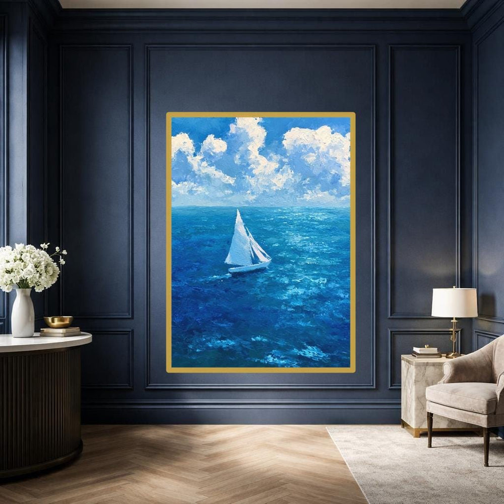 Sailboat on Ocean Canvas Wall Art, Impressionist Seascape Print, Living Room Decor, Ready to Hang