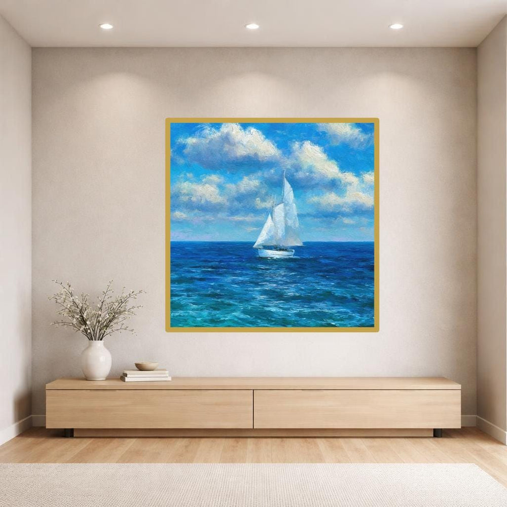 Sailboat on Ocean Canvas Wall Art, Impressionist Seascape Print, Living Room Decor, Ready to Hang