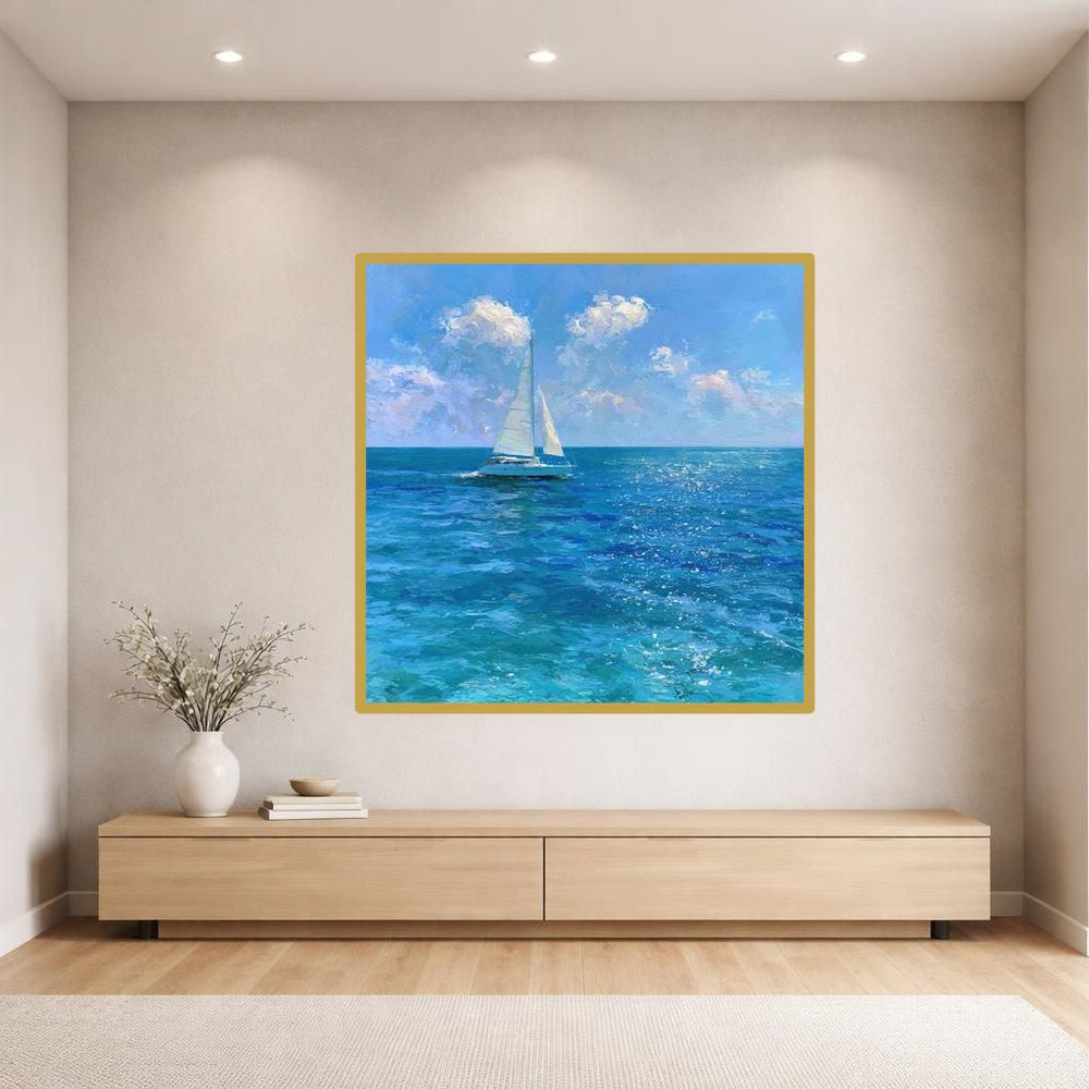 Sailboat on Ocean Framed Canvas Print, Impressionist Seascape Wall Art, Living Room Decor