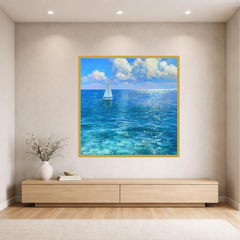Sailboat on Blue Ocean Art Print, Serene Seascape Canvas Wall Art, Living Room Decor, Framed Canvas