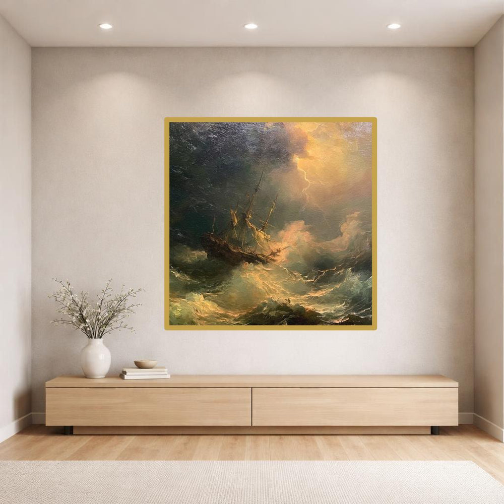 Ship in Stormy Sea Canvas Wall Art, Dramatic Seascape Print, Living Room Decor, Ready to Hang