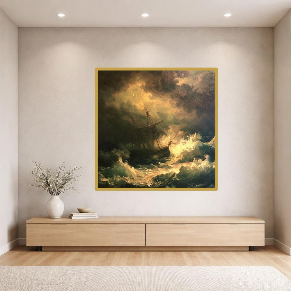 Ship in Stormy Sea Art Print, Dramatic Seascape Canvas Wall Art, Living Room Decor, Framed Canvas