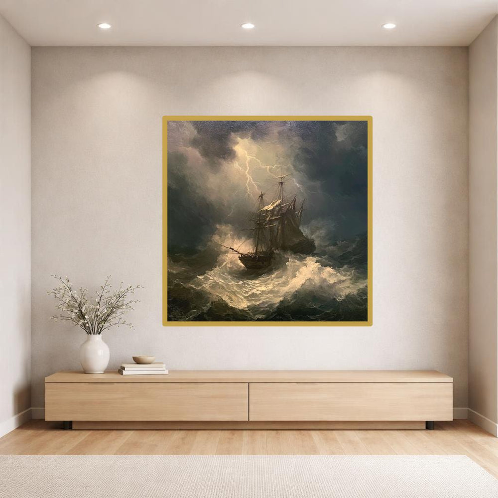 Stormy Ship At Sea Canvas Wall Art, Dark Blue Dramatic Seascape Ocean Art, Living Room Decor, Gallery Wall Art