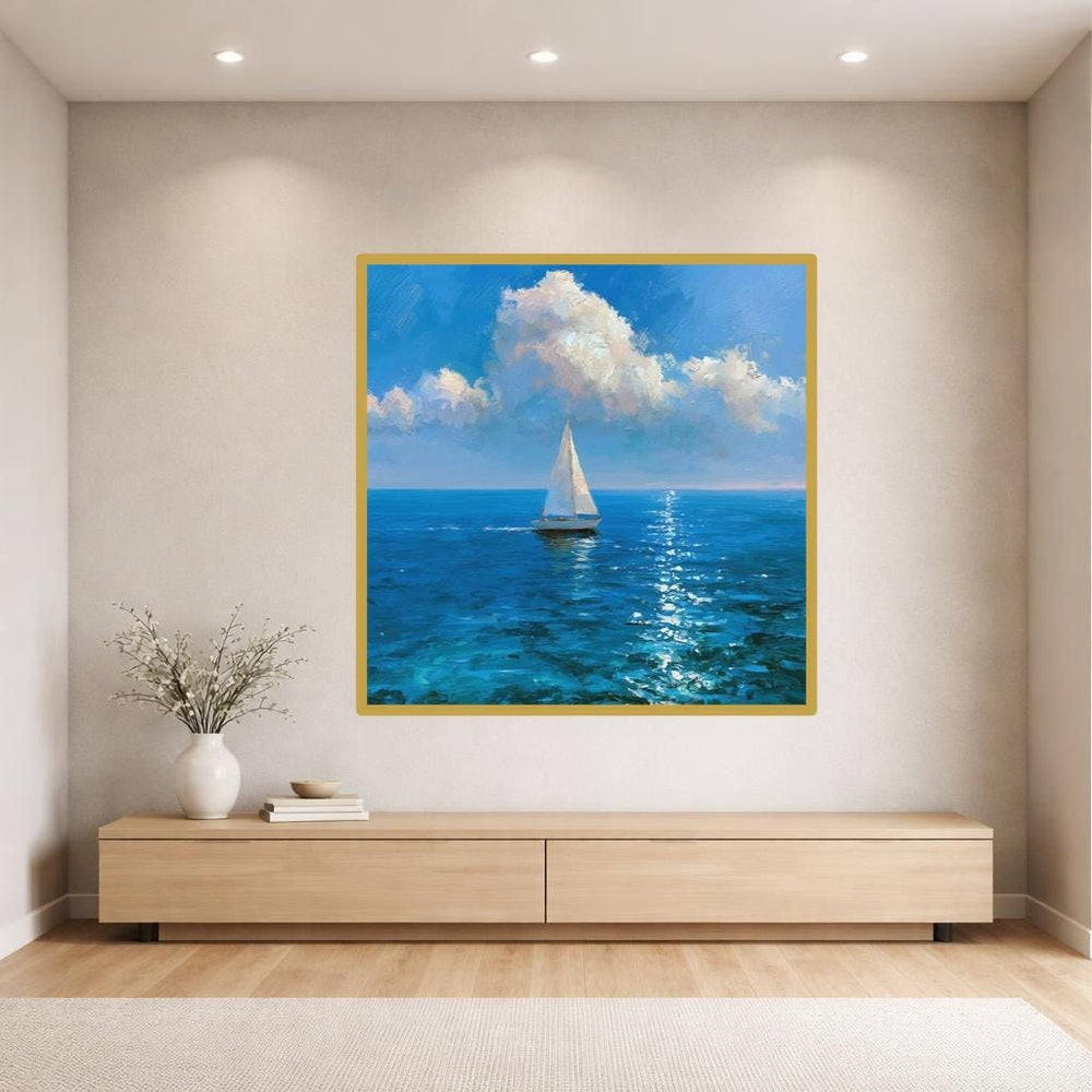 Sailboat on Ocean Canvas Wall Art, Seascape Impressionism Print, Living Room Decor, Ready to Hang