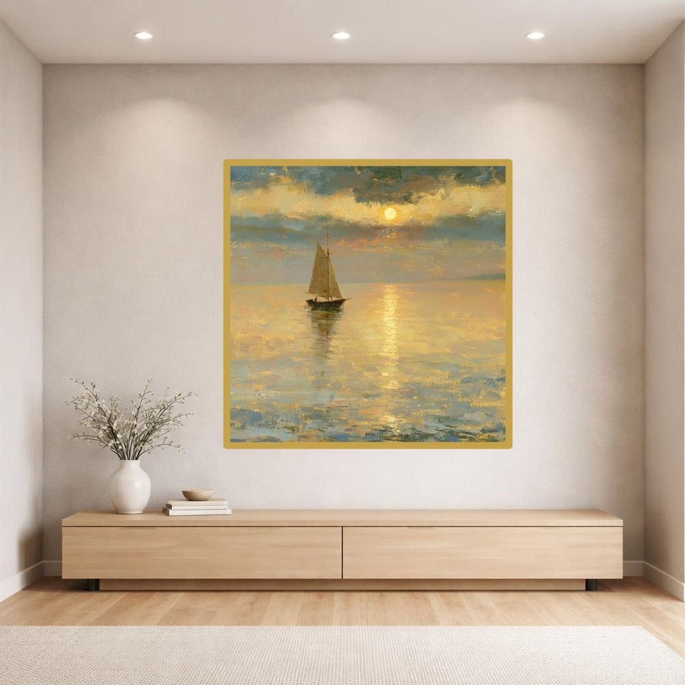 Gold Impressionist Landscape Sailing Boat At Sunset Canvas Print, Seascape Print, Living Room Decor, Framed Canvas