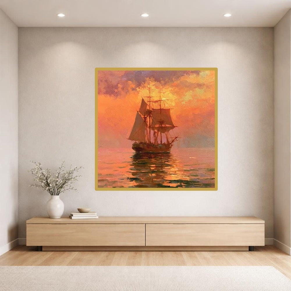 Sailing Ship At Sunset Canvas Wall Art, Orange Impressionist Seascape Seascape Print, Living Room Decor, Gallery Wall Art