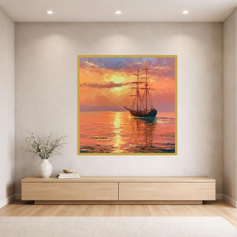 Sailing Ship At Sunset Wall Art Print, Impressionist Seascape Canvas Art, Living Room Decor, Ready to Hang