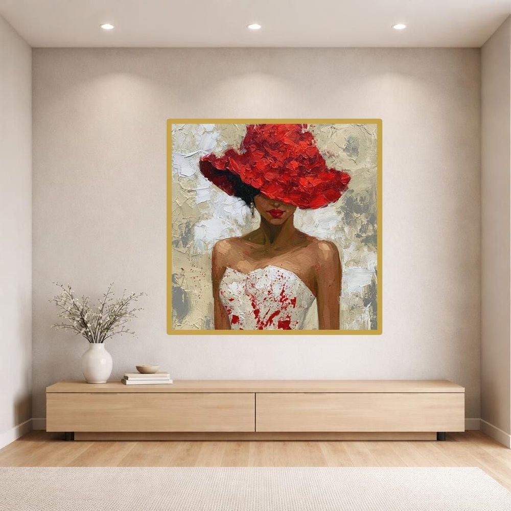 Woman in Red Hat Wall Art Print, Textured Portrait Canvas Art, Living Room Decor, Ready to Hang