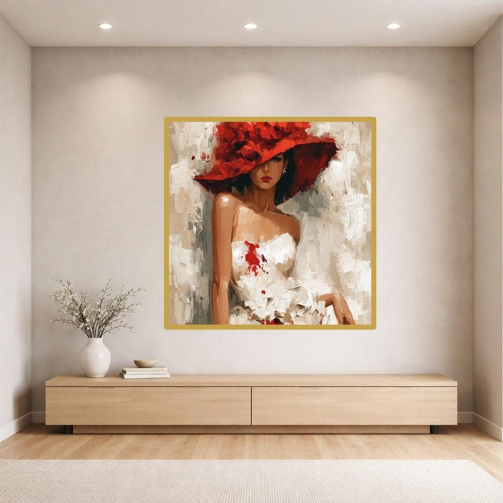 Woman in Red Hat Art Print, Moody Portrait Canvas Wall Art, Living Room Decor, Framed Canvas