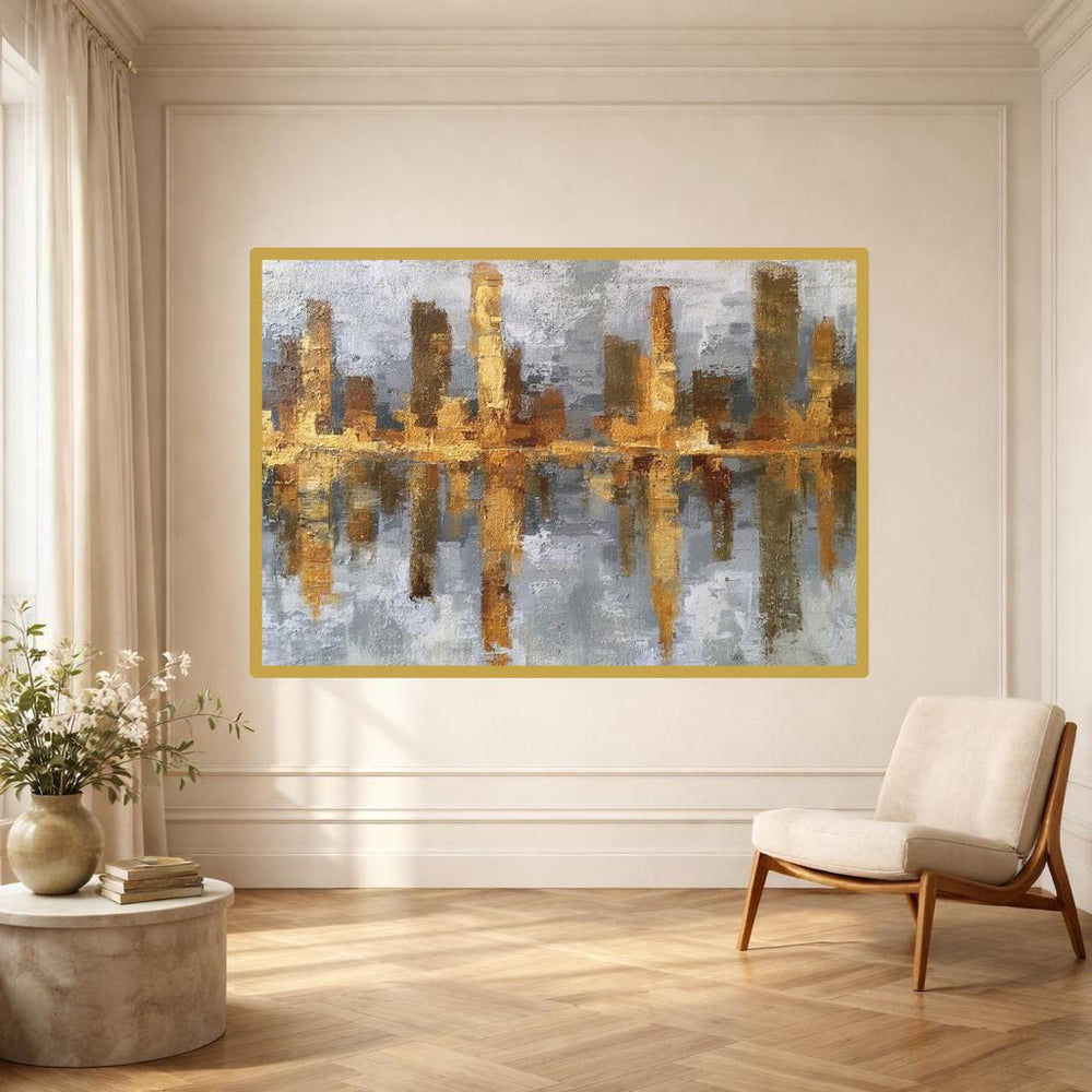 Abstract Gold Cityscape Canvas Wall Art, Gold Textured Abstract Art Cityscape Print, Living Room Decor, Gallery Wall Art
