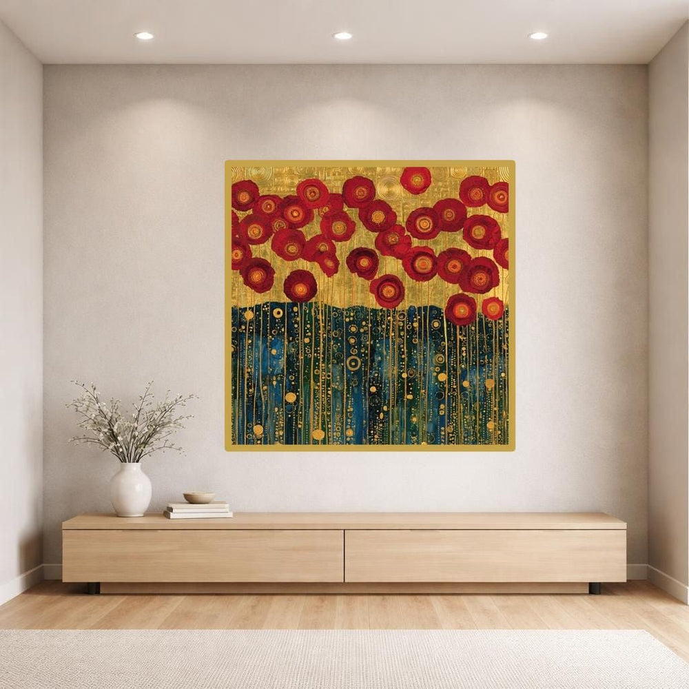 Gustav Klimt Red Floral Canvas Print, Golden Botanical Wall Art, Elegant Bedroom Decor, Ready to Hang