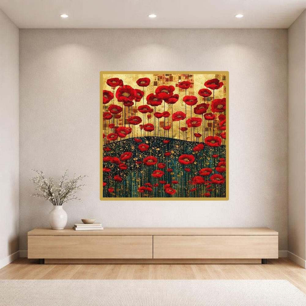 Gustav Klimt Red Floral Wall Art Print, Ornate Wildflower Field, Art Nouveau Gallery Decor