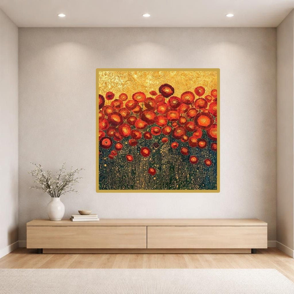 Gustav Klimt Red Floral Art Print, Golden Floral Canvas Art, Art Nouveau Wall Decor