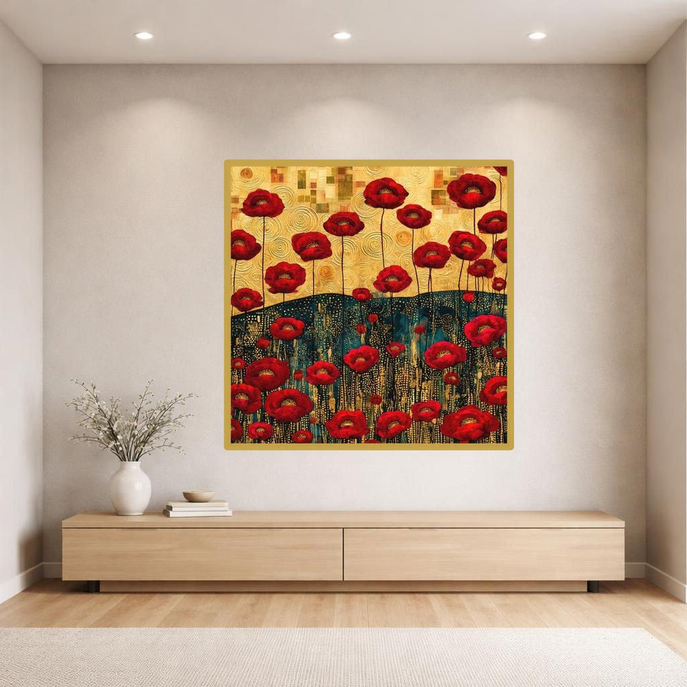 Gustav Klimt Red Floral Wall Art Print, Ornate Wildflower Field, Art Nouveau Gallery Decor