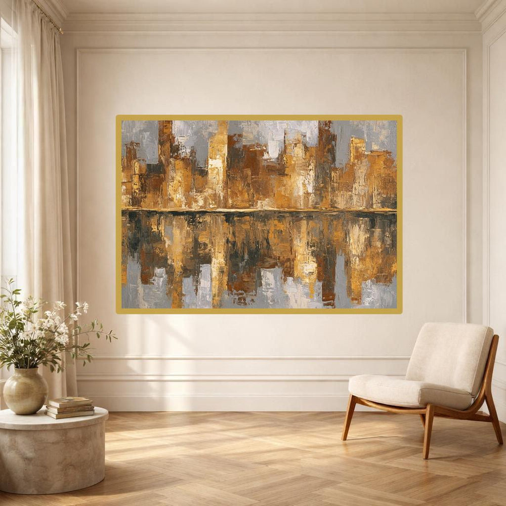 Abstract Gold Cityscape Framed Canvas Print, Textured Abstract Art Wall Art, Living Room Decor