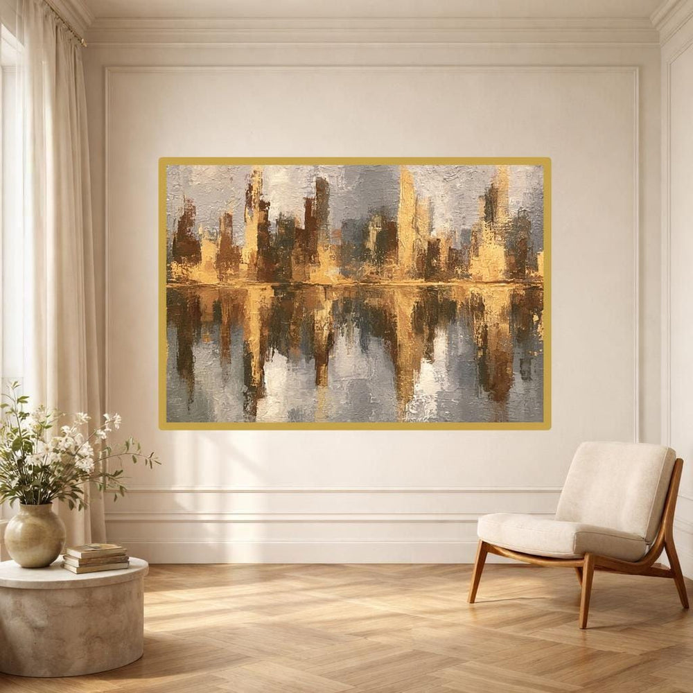 Gold Textured Abstract Art Abstract Gold Cityscape Canvas Print, Cityscape Print, Living Room Decor, Framed Canvas