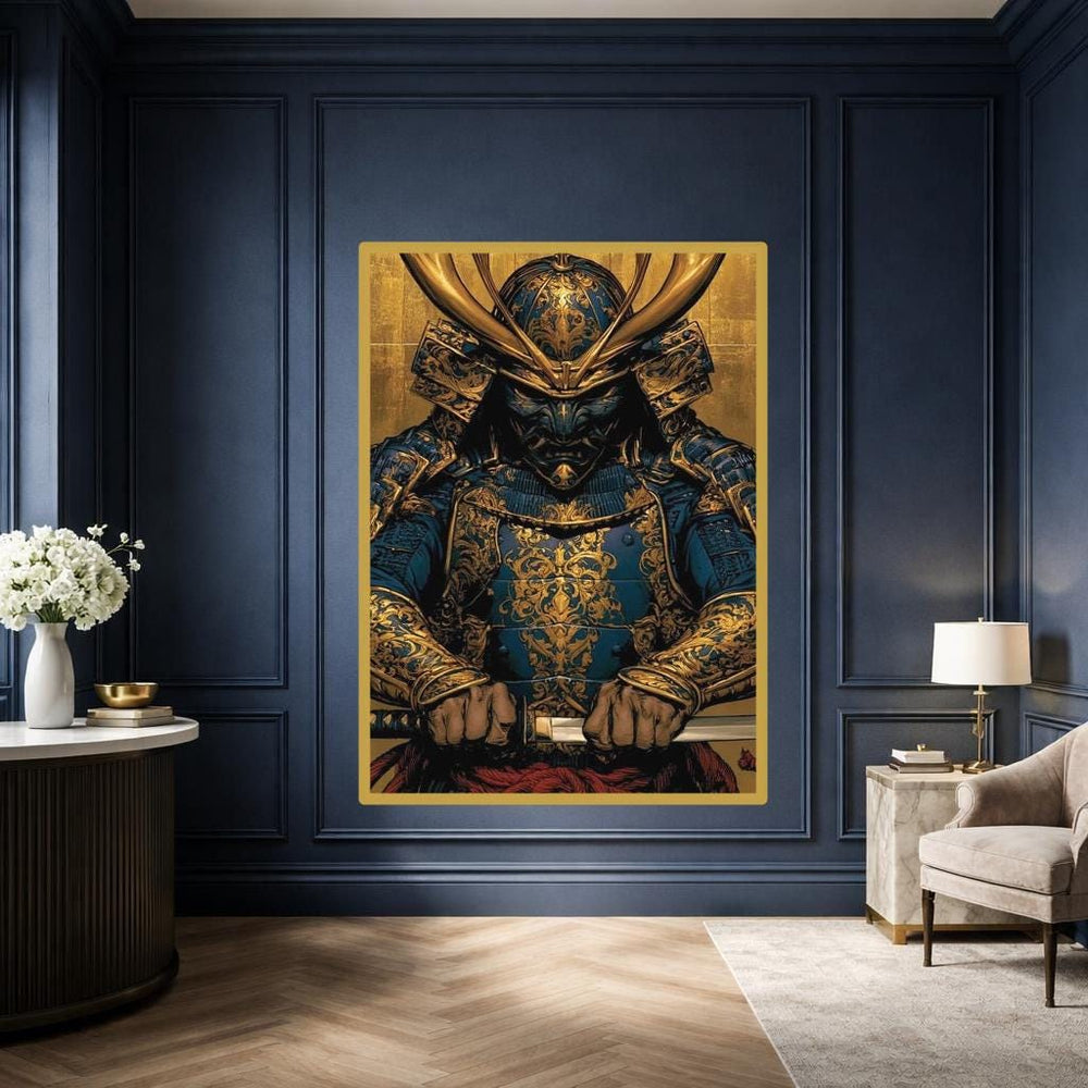 Blue Samurai Warrior Canvas Print, Katana Warrior Wall Art, Japanese Office Decor, Ready to Hang