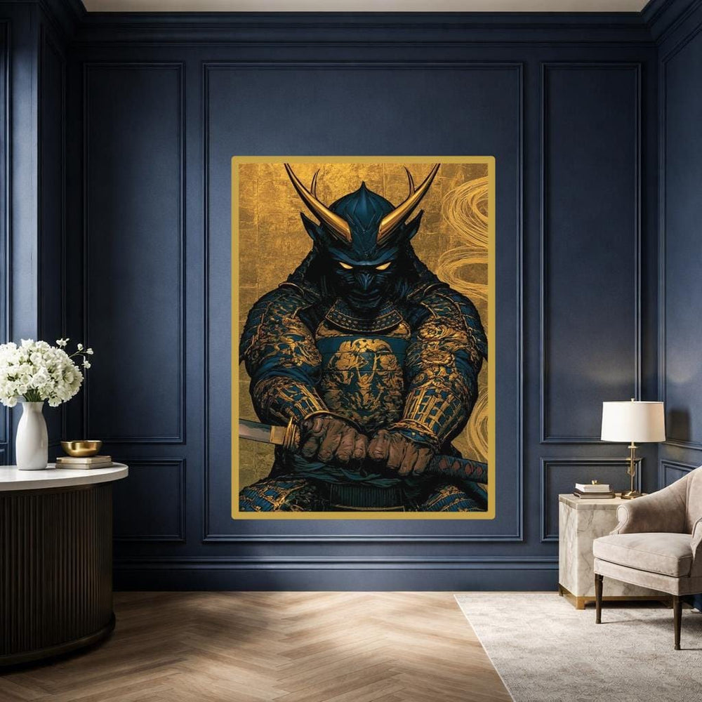 Gold Samurai Warrior Framed Canvas Print, Japanese Warrior Wall Art, Modern Office Decor