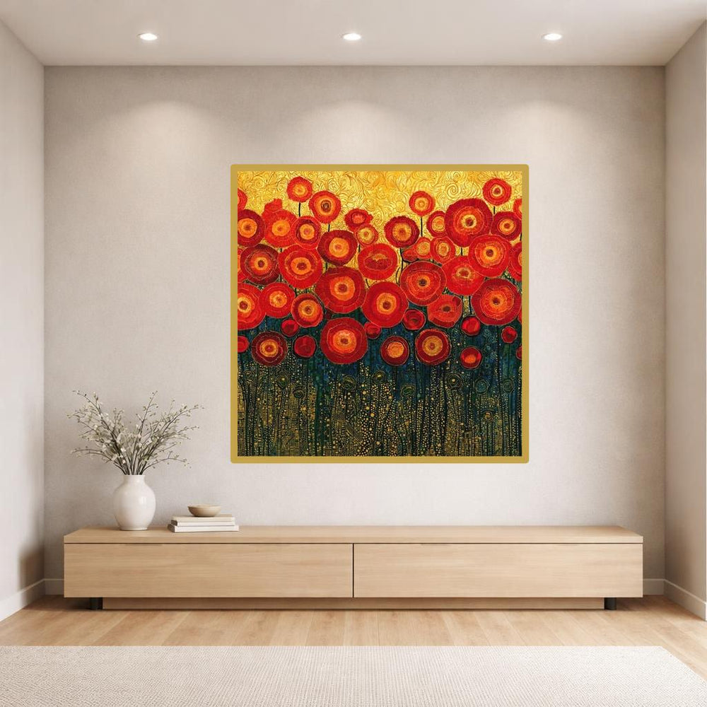 Gustav Klimt Red Floral Wall Art Print, Ornate Wildflower Field, Art Nouveau Gallery Decor