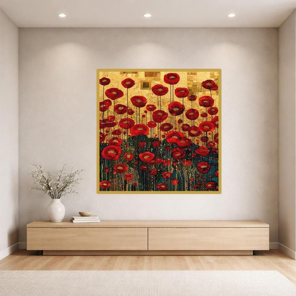 Gustav Klimt Red Floral Framed Canvas Print, Gold Floral Botanical Art, Living Room Decor