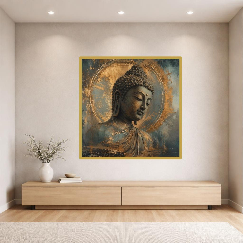 Gold Meditative Art Buddha Head Canvas Wall Art, Buddha Print, Prayer Room Decor, Framed Canvas