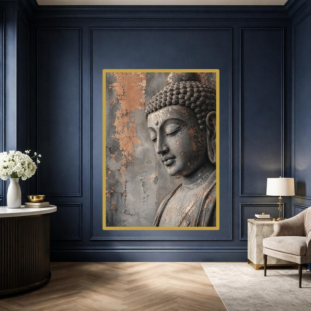 Buddha Sculpture Canvas Wall Art, Gray Meditative Religious Buddha Art Print, Prayer Room Decor, Gallery Wall Art