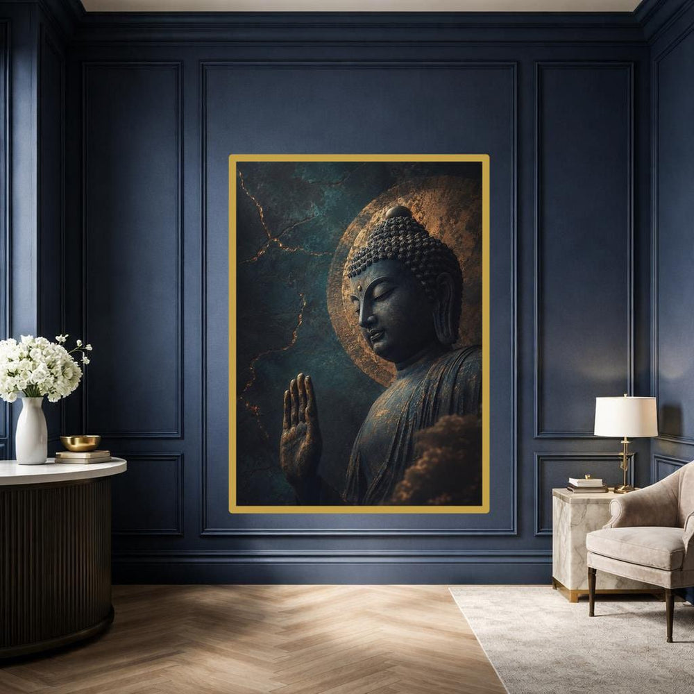 Golden Buddha Statue Canvas Print, Buddha Wall Art, Meditation Room Wall Decor, Ready to Hang