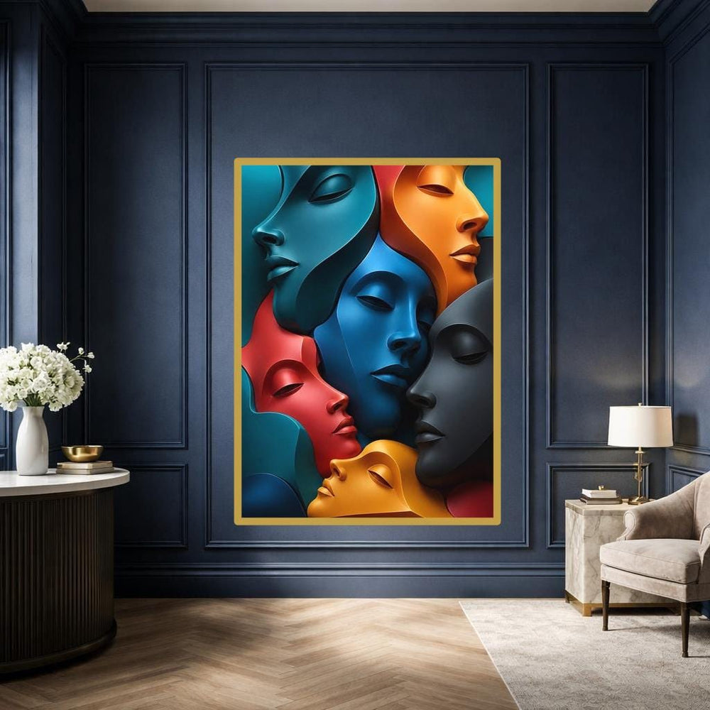 Blue Modern Abstract Colorful Abstract Faces Canvas Wall Art, Abstract Face Art, Living Room Decor, Framed Canvas