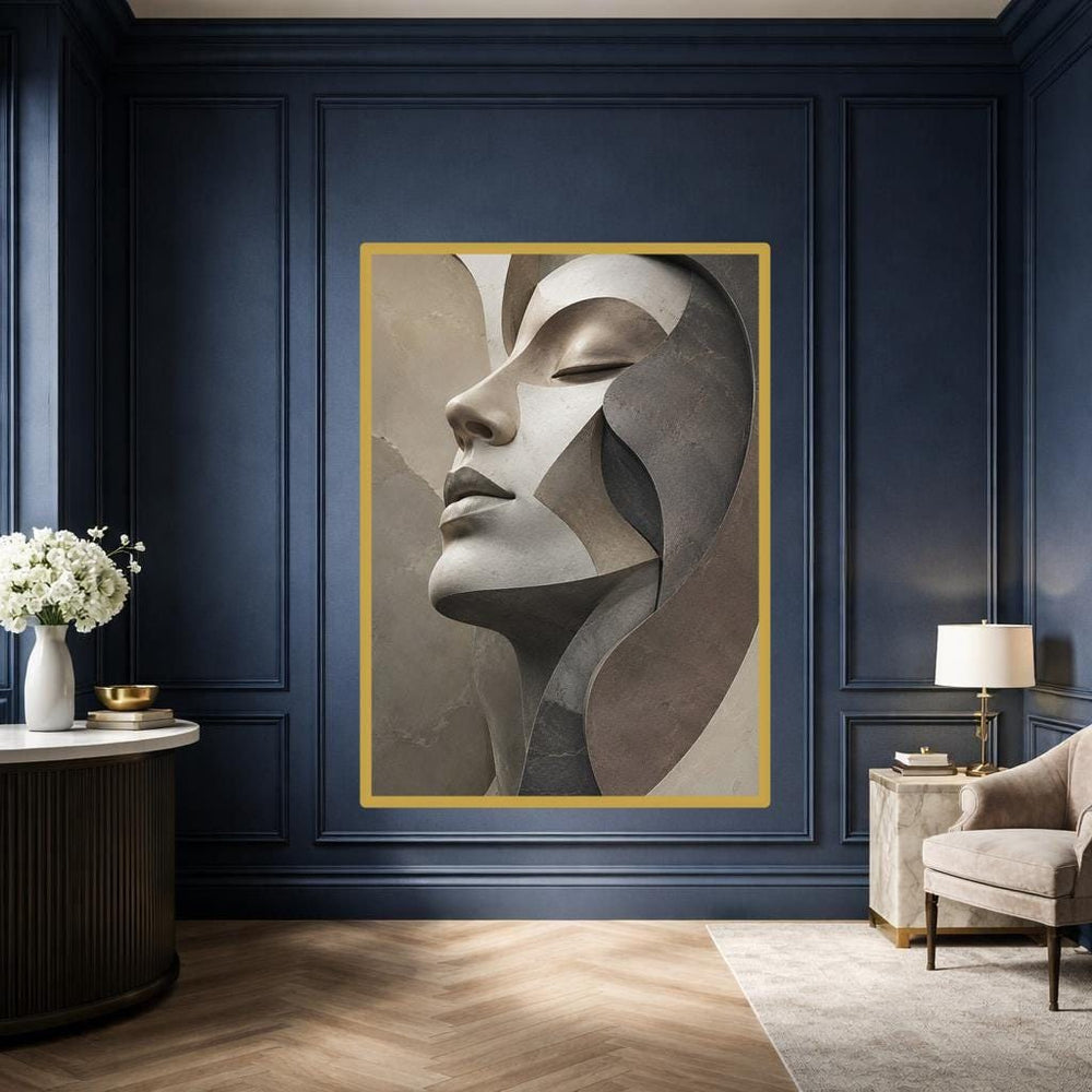Beige Modern Abstract Abstract Face Sculpture Canvas Wall Art, Sculptural Art, Living Room Decor, Framed Canvas