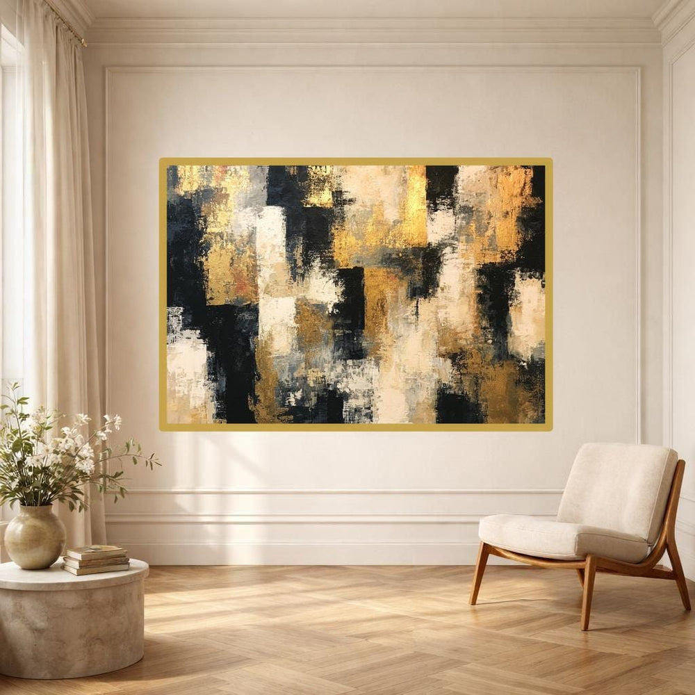 Abstract Gold and Black Art Framed Canvas Print, Textured Abstract Wall Art, Living Room Decor
