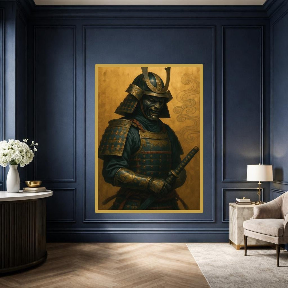 Gold Samurai Warrior Wall Art Print, Samurai Warrior Canvas Art, Study Decor, Framed Canvas