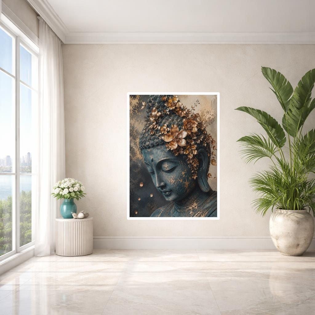 Golden Buddha Portrait Art Print, Modern Zen Art Canvas Wall Art, Living Room Decor, Framed Canvas