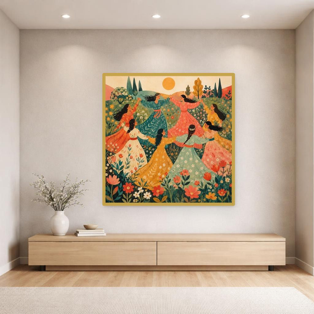 Women Dancing in Field Canvas Wall Art, Green Whimsical Floral Floral Print, Living Room Decor, Gallery Wall Art