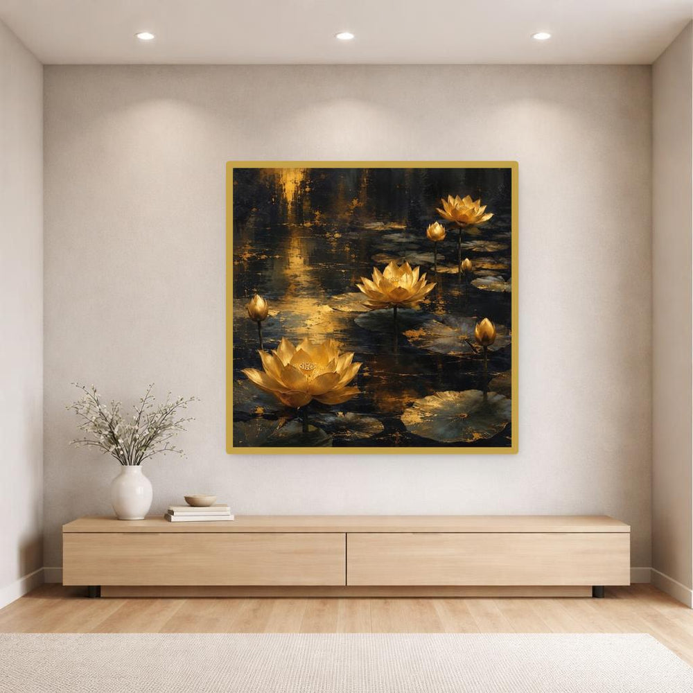 Gold Moody Floral Golden Lotus Flowers Canvas Wall Art, Floral Art Print, Living Room Decor, Framed Canvas