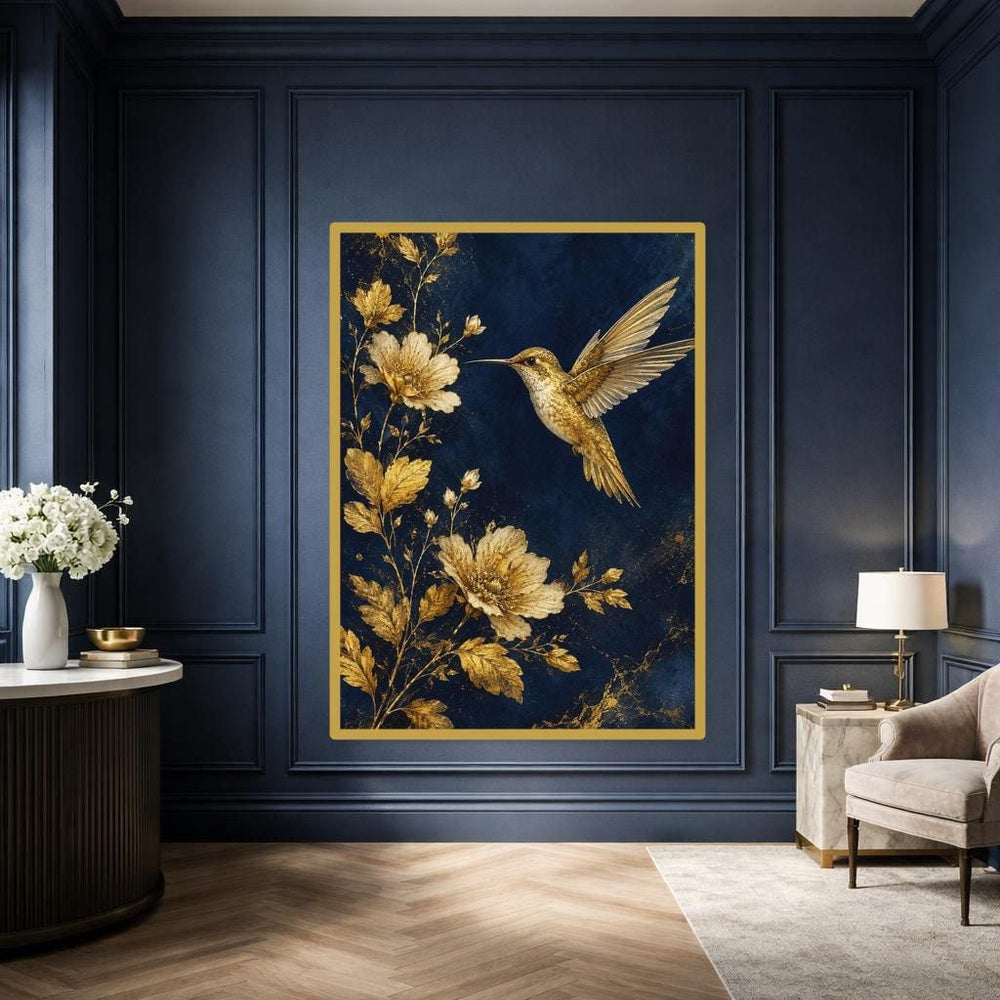 Gold Elegant Floral Art Gold Hummingbird and Flowers Canvas Print, Floral Print, Living Room Decor, Framed Canvas