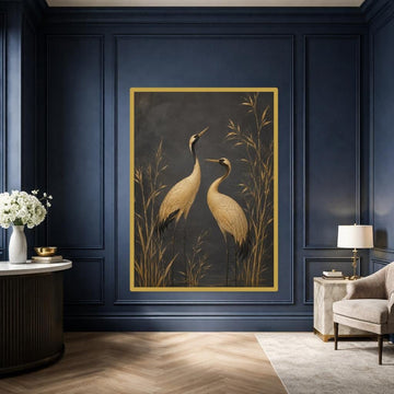 Cranes in Golden Marsh Canvas Wall Art, Gold Elegant Nature Art Wildlife Print, Living Room Decor, Gallery Wall Art